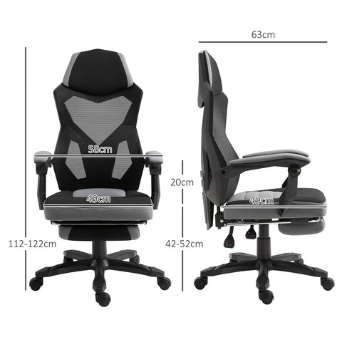 Rootz Office Chair - Gaming Chair - Height Adjustable - Ergonomic - Mesh Comfort - 58W x 63D x 112-122H cm - Gray and Black