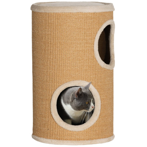 Rootz Cat Tower Barrel - Multi-Level Cat Activity Center - Scratching Posts - Plush Padded Corners - Sisal Exterior - Brown&Beige - 35cm x 60cm