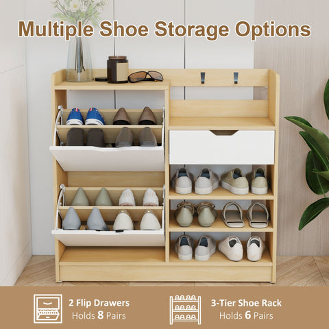 Rootz Shoe Cabinet - Hallway Organizer - Tipping Drawer Unit - Holds 14 Pairs - Brown & White - 93cm x 30cm x 90cm