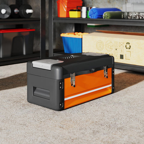 Rootz Tool Box Empty - Tool Chest - Storage Organizer - Scratch & Rust-Resistant - 49.7 x 25.3 x 23 cm - Orange Steel with Drawer