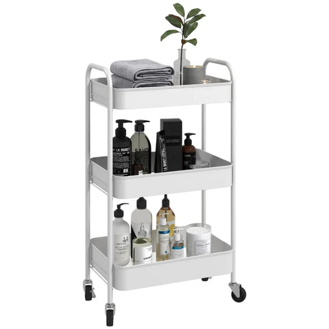Rootz Multi-purpose Trolley - Kitchen Trolley - 3 Shelves - 4 Wheels - White - 45 cm x 30.6 cm x 79 cm