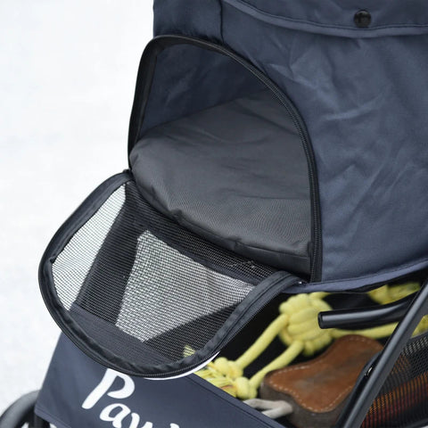Rootz Folding Dog Stroller - Pet Stroller - 1 Basket - 1 Cushion - 1 Side Pocket - Universal Wheels - Navy Blue - 81cm x 48cm x 99cm