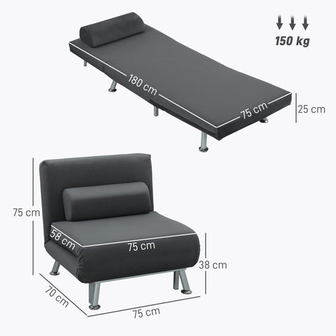 Rootz Folding Armchair with Bed Function - Velvet Recliner - Adjustable Chair - Compact & Space-Saving - 75 x 70 x 75 cm Grey