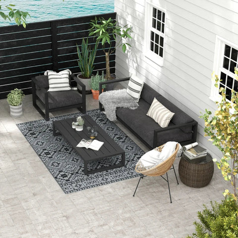 Rootz Outdoor Reversible Carpet - Outdoor Rug - Geometric Rug - Waterproof - Non-woven Fabric - Black + Grey - 182x274cm