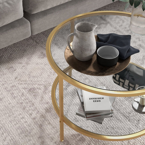Rootz Side Table - Modern Bedside Table - Nightstand - Tempered Glass - Powder-Coated Steel - 60cm x 43cm - 2-Tier Shelf - Gold