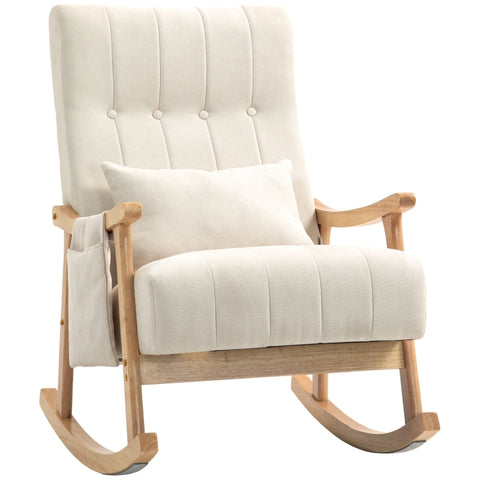 Rootz Rocking Chair - Nursing Chair - Relaxation Chair - Beige Linen Look - Wide Seat - Soft Padding - Beech Frame - 65cm x 90cm x 98cm