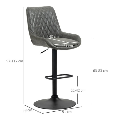 Rootz Bar Stool - Kitchen Stool - Design Stool - Height Adjustable -  Faux Leather - Steel - Foam - Dark Gray + Black - 51 Cm X 59 Cm X 117 Cm