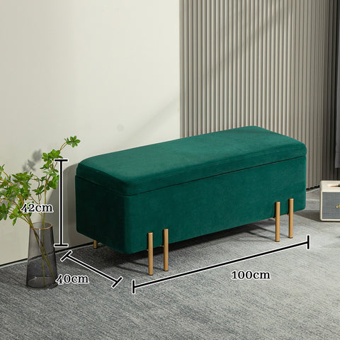 Rootz Upholstered Storage Bench - Bed Bench - Footrest - Hidden Storage - 100 x 40 x 42 cm - Green Velvet Finish
