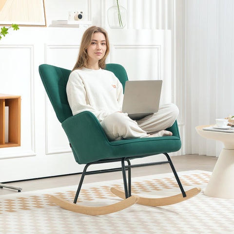 Rootz Rocking Chair - Velvet Cover - Armchair - Steel Frame - Complete Support - 71cm x 98cm x 101cm