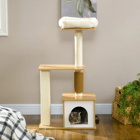 Rootz Scratching Post - Cat Tree - Cat Cave - 1 Cat Cave - 1 Lying Surface - Brown + White - 59.5 cm x 39.5 cm x 114 cm