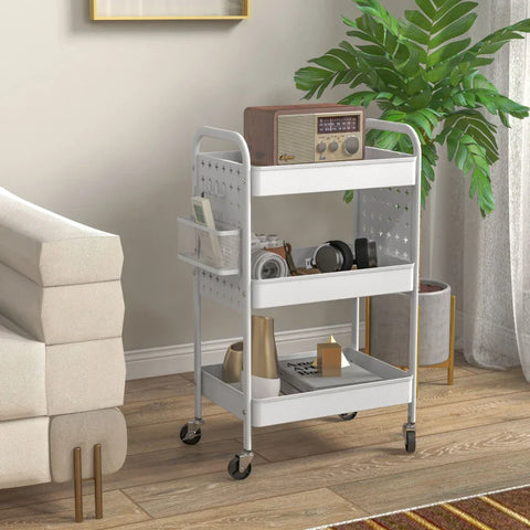 Rootz Serving Trolley - Multi-purpose Trolley - 4 Wheels - All-purpose Trolley - 3 Shelves - Steel - White - 53.5 cm x 30.5 cm x 75 cm