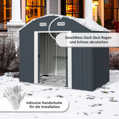 Rootz Garden Shed - Tool Shed - Storage Shed - Weather Resistant - 2 Windows - 2 Doors - 238cm x 132cm x 198.5cm - Dark Gray - Galvanized Steel