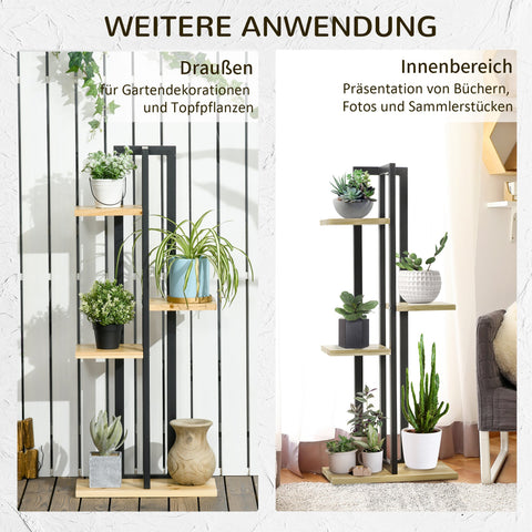 Rootz 4 Floor Plant Stand - Adjustable Flower Stand - Indoor Plant Stairs - Industrial Design - 110 cm High - Black+Natural Wood - 45L x 25B x 110H cm