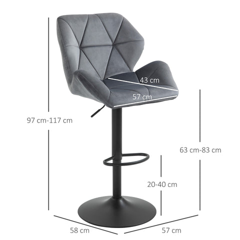 Rootz Bar Stool Set of 2 Grey- Padded Bar Chairs - Velvet Look Stools - Adjustable, Ergonomic - Metal Frame, 360° Rotation, 57x58x97-117cm