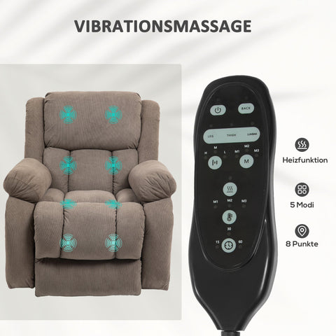 Rootz TV Recliner with Massage & Heat - Electric Stand-Up Chair - 45° Seat Elevation - 93W x 104D x 100H cm