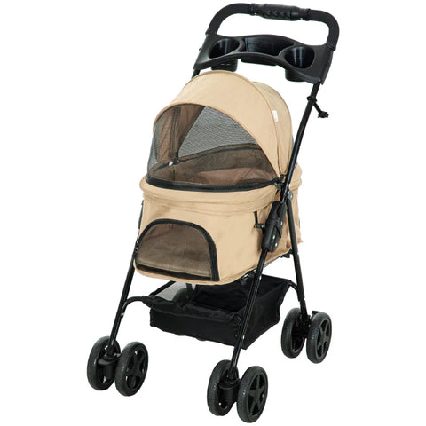 Rootz Folding Dog Stroller - 2 Safety Leashes - Dog buggy - 2 Cup Holders - Steel - Polyester - Khaki - 67 X 45 X 96 Cm