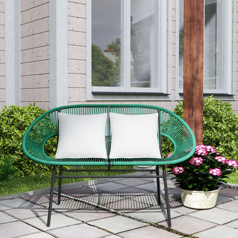 Rootz Garden Bench 2-Seater - Outdoor Sofa - Patio Lounge Seat - Chic Design - 132L x 72B x 83H cm - Steel & Rattan Rope Mesh with Pillows