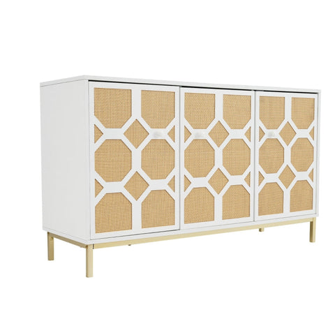 Rootz 3 Door Sideboard Cabinet - Storage Unit - Rattan Buffet - Adjustable Shelves - Stylish Gold Feet - 120L x 40W x 71.5H cm