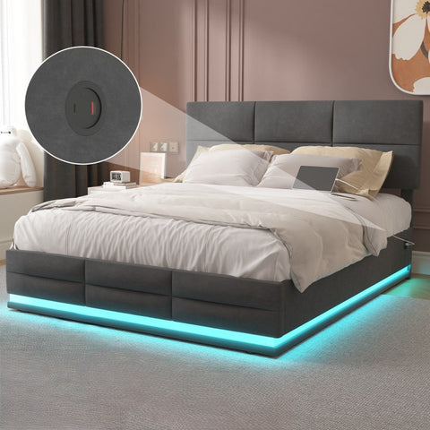 Rootz Double Bed with LED - Upholstered Bed - Velvet Bed - USB Charger & Storage - 208.5cm x 164cm x 115cm