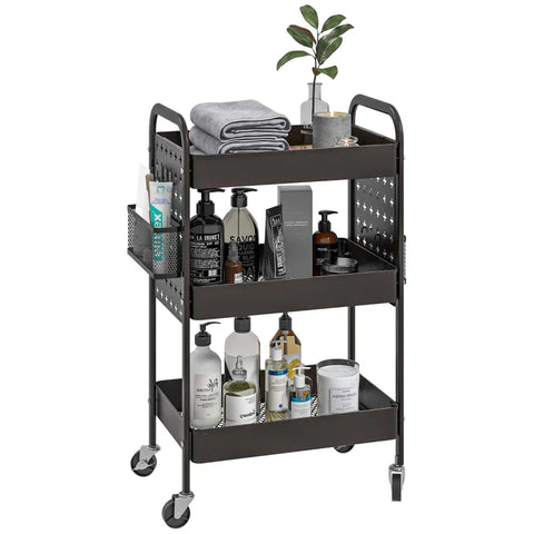 Rootz Multi-purpose Trolley - Kitchen Trolley - 3 Shelves - 4 Wheels - Black - 53.5 cm x 30.5 cm x 75 cm