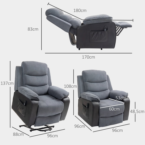 Rootz Riser Recliner Chair - Stand-Up Chair - Electric TV Chair - Remote Control - 96cm x 96cm x 108cm - Grey Corduroy Cover