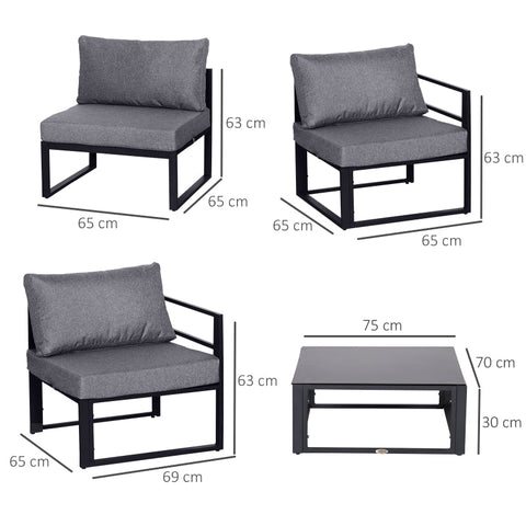 Rootz 6 Piece Garden Set - Outdoor Lounge Set - Patio Furniture - Durable Aluminum Frames - Weather-Resistant Cushions - Tempered Glass Table - Middle Chair: 65cm x 65cm x 63cm - Corner Chair: 65cm x 65cm x 63cm - Coffee Table: 75cm x 70cm x 30cm