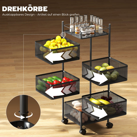 Rootz Kitchen Trolley - Mobile Storage Cart - 5 Rotating Baskets - Metal Organizer - Space-Saving, Improved Airflow - 27.5x27.5x92.5cm, Black