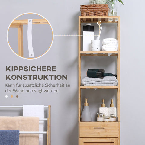 Rootz Bathroom Shelf - Storage Cabinet - Organizer Unit - Bamboo Construction - 3 Compartments, Drawer - 32 x 30 x 163 cm