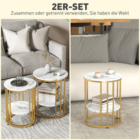 Rootz 2 Piece Set Round Side Table - Coffee Tables - Marble Look - Double Storage Space - Ø45 x 55H cm & Ø40 x 50.5H cm