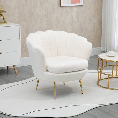 Rootz Shell Shaped Upholstered Chair - Relaxation Chair - Comfy Armchair - Gold Metal Legs - Elegant & Cozy - 79L x 77W x 77H cm - White Fabric