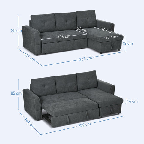 Rootz 3-Seater Sofa Bed - Sofa Bed - Upholstered Sofa - Converts to Sleeper - 232cm x 141cm x 85cm -Grey
