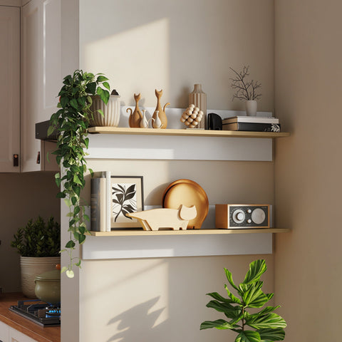 Rootz Wall Shelf Set of 2 - Floating Shelves - Display Shelf - Storage Solution - Durable & Easy to Clean - 80x16.5x20cm - White + Brown