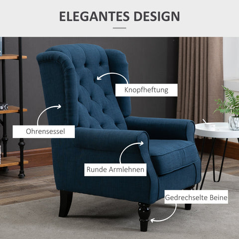 Rootz Elegant Wing Chair - Armchair - Accent Chair - High Comfort - 74cm x 86cm x 102cm - Blue
