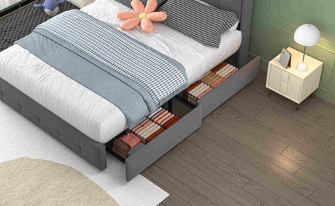 Rootz Gray Double Bed - USB Charging Headboard - LED Light - Storage Drawers - Eco-Friendly - 222L x 148.5W x 113H cm