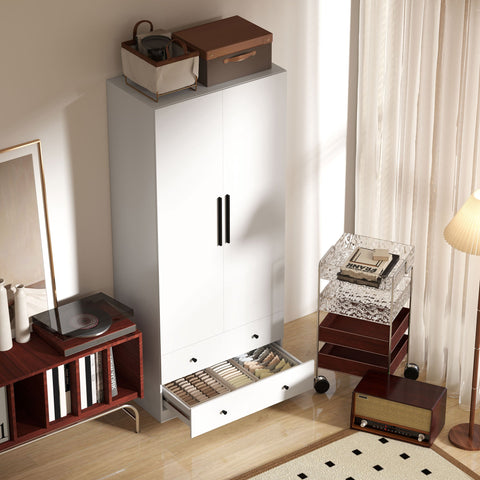 Rootz 2 Door Wardrobe - Closet - Clothes Organizer - Spacious Storage - 79cm x 180cm, White Chipboard