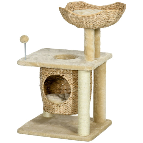Rootz Cozy Chic Cat Tree - Elegant Feline Tower - Braided Reed Coaching - Plush Coverings - Scratching Posts - Sisal - 45cm x 40cm x 74cm