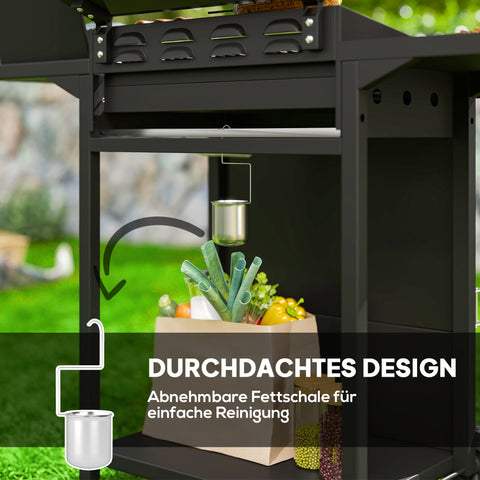 Rootz Gas Grill 9.5 kW - Outdoor BBQ - Griddle - 4 Burners, Side Cooker, Integrated Thermometer - 123 x 57 x 98 cm - Black