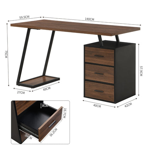 Rootz Industrial Office Table - Work Desk - Writing Table - Spacious Surface - 140cm x 59.5cm x 75cm