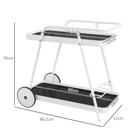 Rootz Outdoor Serving Trolley - Garden Cart - 2 Tier Wine Rack - Steel Frame - Tempered Glass - Black + White - 86.5 x 51 x 78 cm