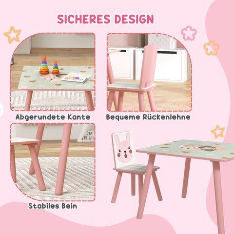 Rootz Children's Seating Group - Kids Table & 2 Chairs Set - Playroom Furniture - Pink and White  Pine Wood - Animal Motif - Boosts Creativity - Table: 60x60x44cm, Chair: 26.5x26.5x50cm