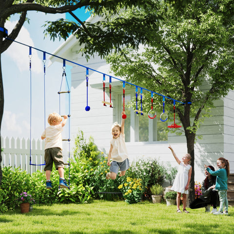 Rootz Kinder Ninja Slackline Kit - Zip Lines - Gymnastics Rings - Muscle Strength - 1000cm x 5cm - Blue