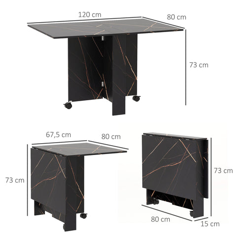 Rootz Foldable Kitchen Table - Dining Table - Space-Saving Table - 2 Wheels with Brakes - 120cm x 80cm x 73cm Black Marbled