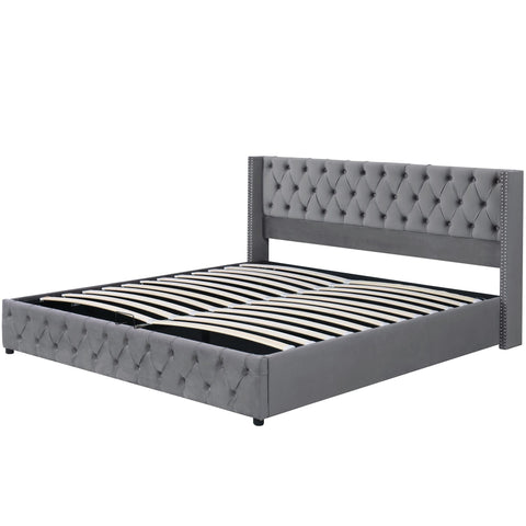 Rootz Upholstered Bed with Hydraulic Storage - Chesterfield Bed - Velvet Bed - Max Storage - 209cm x 149.5cm x 94.5cm - Gray
