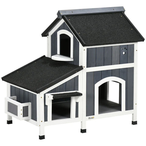 Rootz Outdoor Cat House - Two Level - Multiple Entrances - Water-Resistant Roof - Gray - 96 x 65 x 85.5cm