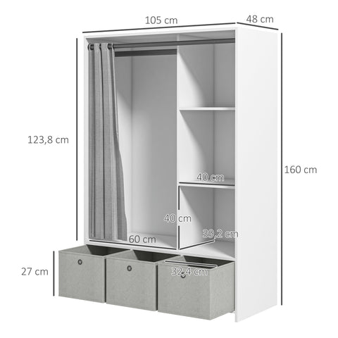 Rootz Wardrobe with Curtains - Clothes Organizer - Storage Cabinet - 3 Fabric Drawers - 105cm x 48cm x 160cm - Durable Chipboard Design