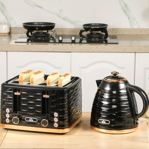 Rootz Black 2-in-1 Toaster and Kettle Set - Pebble Kitchen Set - Breakfast Appliance - 7 Browning Levels - 24.1cm x 19.5cm x 23.2cm