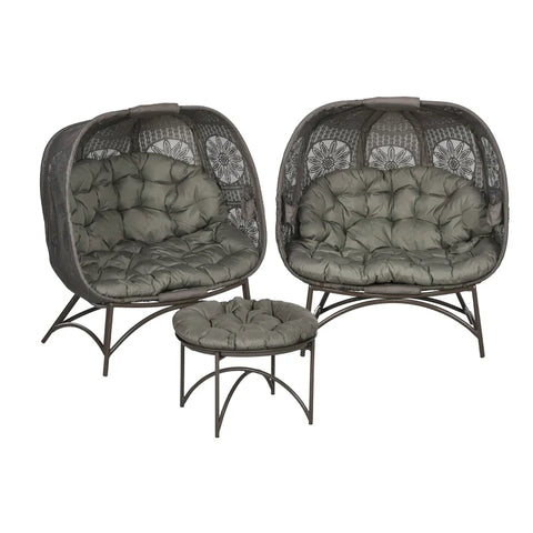 Rootz Garden Furniture Set - 2 Wicker Chairs - Side Table - Foldable - Seat Cushions - Metal Frame - Steel-Polyester - Sand - 110w X 52d X 40h Cm