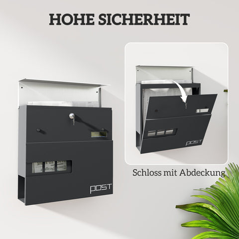 Rootz Grey Wall Mounted Mailbox - Outdoor Postbox - Lockable Mail Holder - Weather Resistant - 37cm x 10.5cm x 37cm