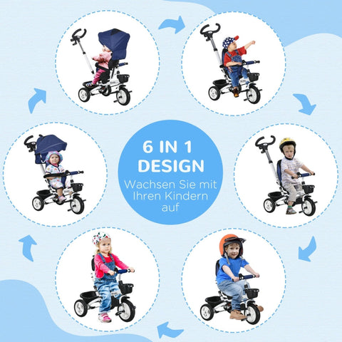 Rootz 6-in-1 Kinderdriewieler - Kinderdriewieler - Peuterfiets - Duwstang - Zonnekap - Reflecterende strips - 112cm x 50cm x 104cm - Donkerblauw