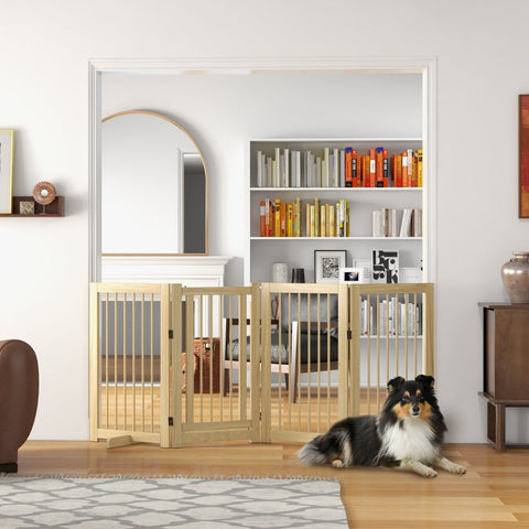 Rootz Dog Gate with Door - Wooden Pet Barrier - Solid Pine Wood - Free-Standing Design - Foldable Panels - 220cm x 36cm x 91cm